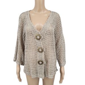 Keren Hart Cotton Fishing Net Knit Cardigan Oversized Button Accents Lagenlook